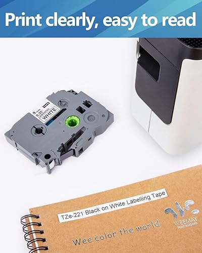Vista 4 de Weemay Paquete de 6 cintas adhesivas compatibles con Brother TZe-221 TZe221 TZ-221 TZ221 TZ221 laminadas 0.354 in 0.35 pulgadas negro sobre blanco