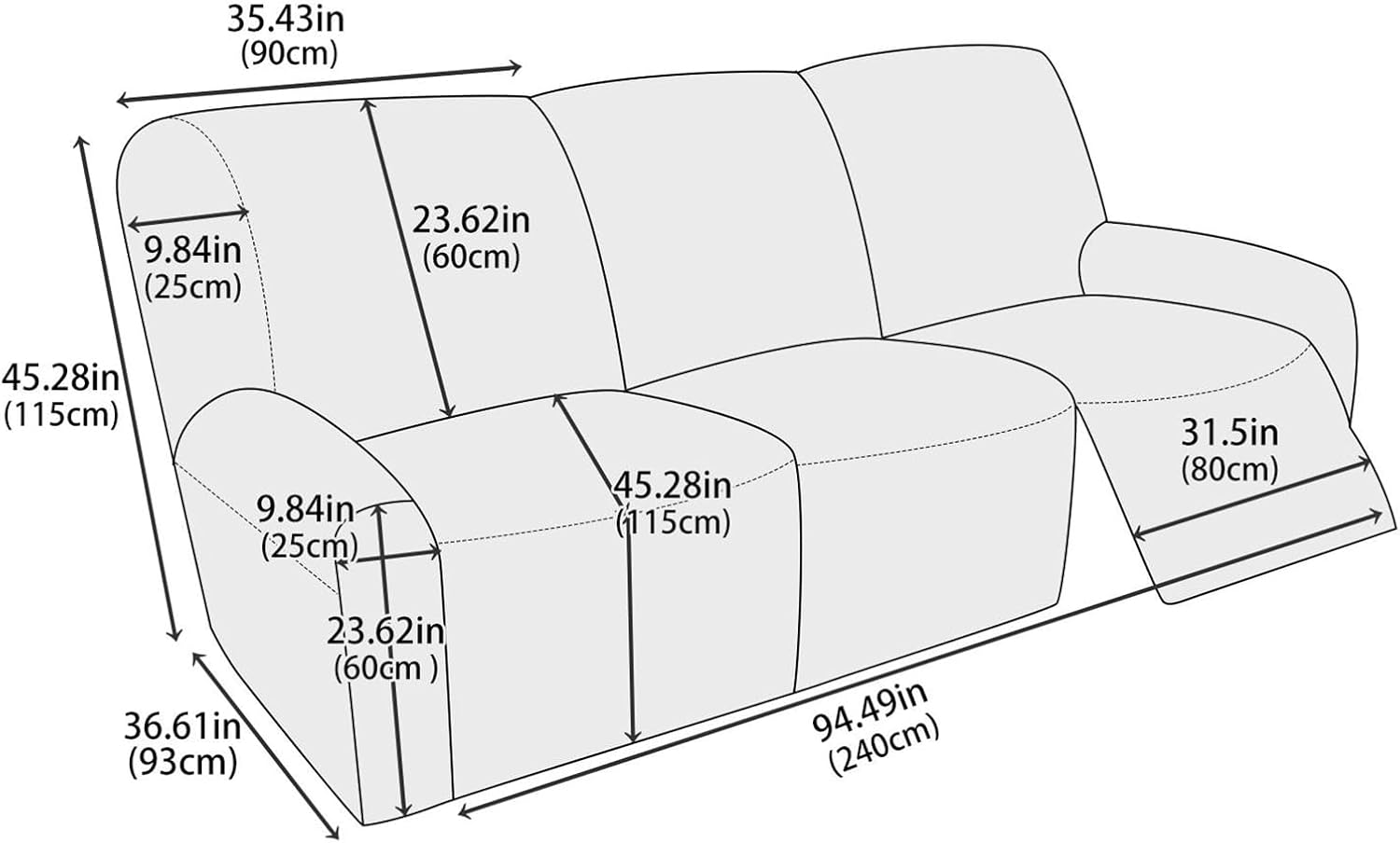 G,Mswborml Waterproof Reclining Chair Covers Slipcovers with Side Pockets, PU Leather Recliner Sofa Covers 3 Seater Waterproof, 8 Pieces Recliner Couch Covers Slipcovers with Elastic Bottom, Washable