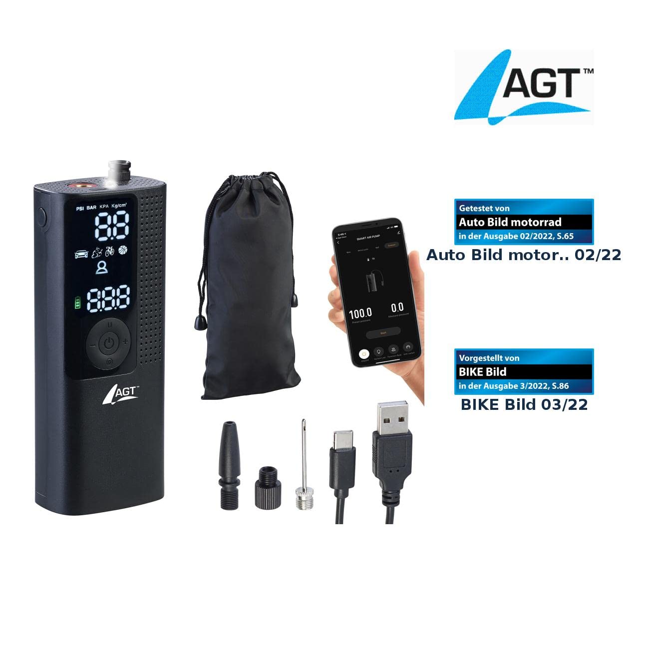 AGT Akku Kompressor: Smarte Akku-Luftpumpe mit OLED-Display; bis 120 psi; Bluetooth und App (Akkuluftpumpen, Mini Kompressor, Ball)