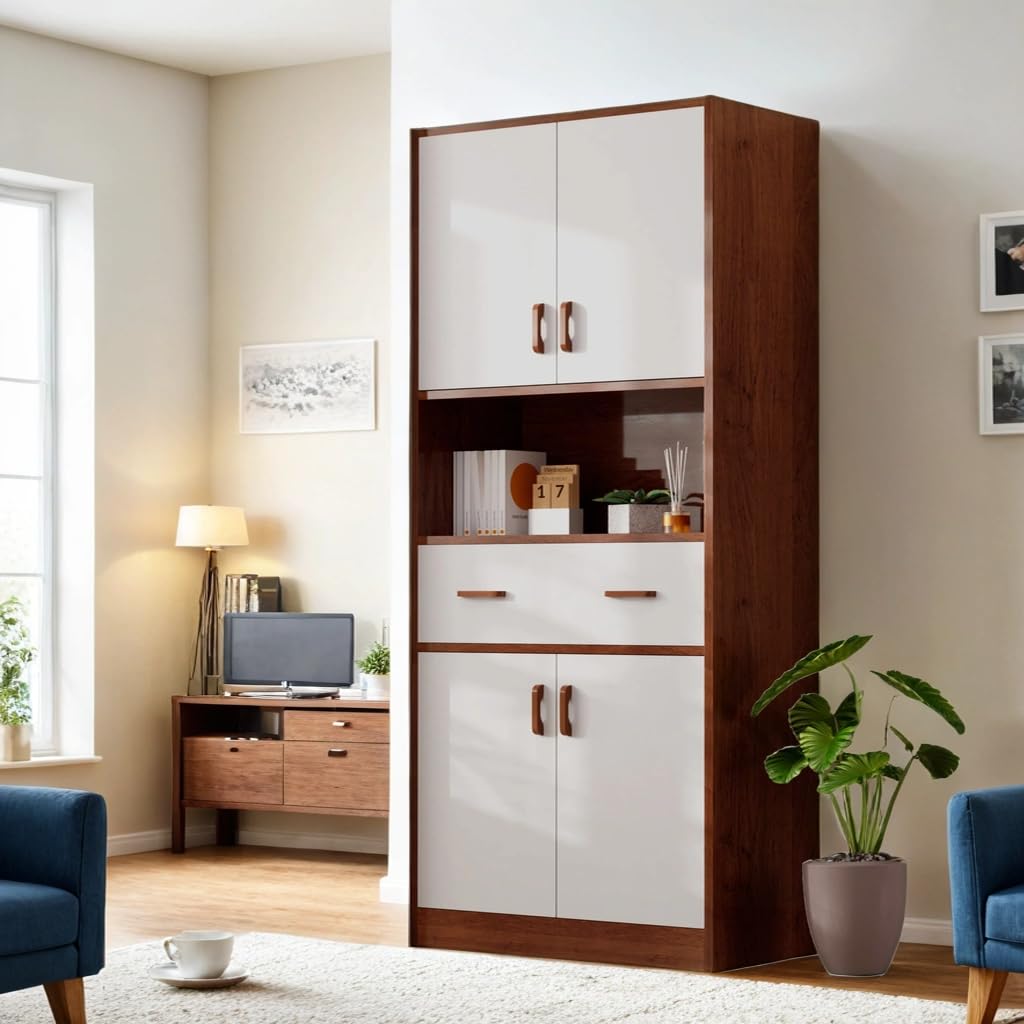 Brown and White Kitchen Pantry, 70" Tall Storage Cabinet with Doors and Drawer, Freestanding Wooden Organizer Shelf for Kitchen, Dining Room