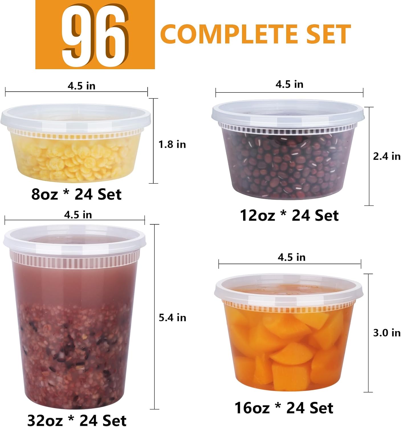 NESCCI 96 Pack (192-Piece) Deli Containers with Lids, 32/16/12/8 oz X 24 Set Each, Leak-Proof & BPA Free Airtight Takeout Plastic Food Storage Containers for Soup, Meal Prep, Microwave/Freezer Safe - Image 2