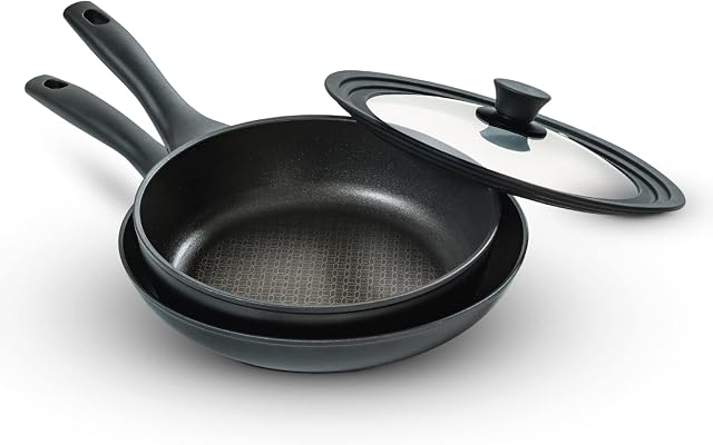 Prestige x Nadiya Non Stick Frying Pan Set of 2 with Universal Glass Lid & Stay Cool Handles - Stackable Induction Frying Pans 24cm & 26cm, Oven and Dishwasher Safe, Black