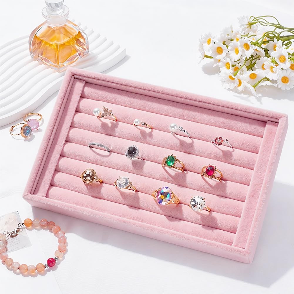 1Pc 7 Slots Pink Velvet Ring Tray Stackable Jewelry Organizer Trays Small Velvet Showcase Display Holder Box Drawer Organizers for Earrings Rings Holder Home Decor Storage Shop Store Selling