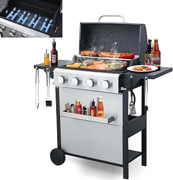 4-Burner البروبان الغاز الشواية مع 2 طاولات جانبية قابلة للطي، 34،200 BTU في الهواء الطلق الشواء الشواية مع الخزف-المسمى مروض اللهب، المدمج في ميزان الحرارة، سهلة التجمع للفناء، الفناء الخلفي للشواء