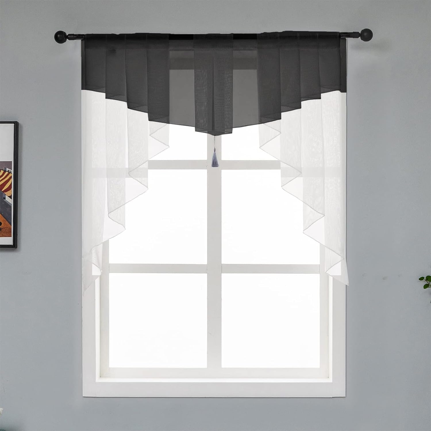Swag Sheer Valance Curtains for Living Room, Semi Sheer Curtain Valance for Kitchen, Voile Tassel Rod Pocket Tailored Scalloped Curtains for Cafe Bedroom Bathroom Windows Black+White(1PC)