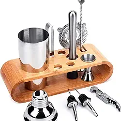 Kit Barman Profissional Coqueteleira Bartender Para Drinks Cocktails Caipirinha Bebidas Com 12 Peças Inox Base de Bambu 750ml