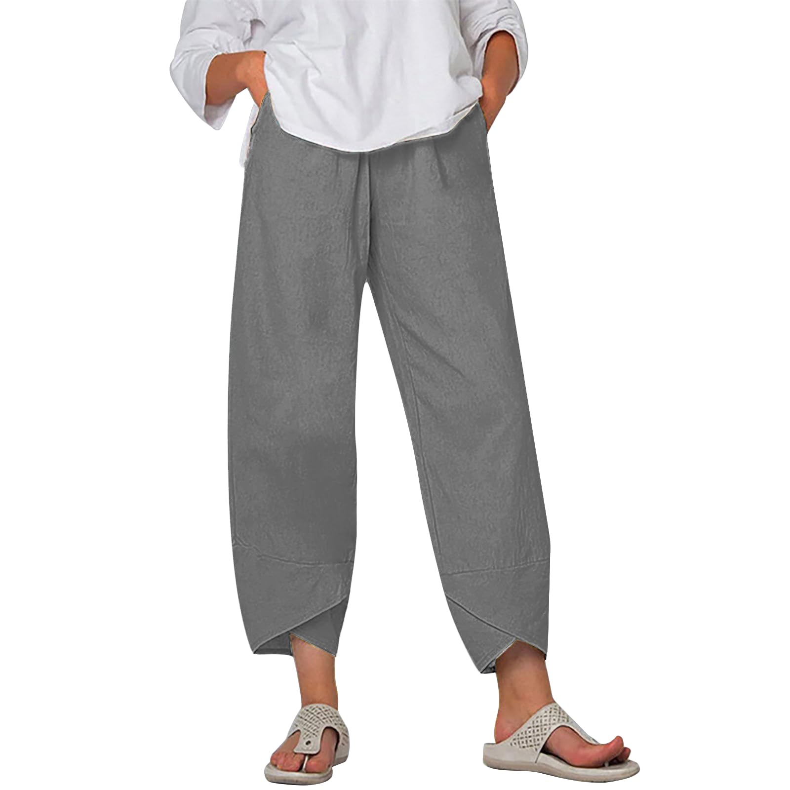 MARSVOVO Womens Summer Pants Fashion Split Hem Cropped Trousers with Pockets Elastic Waist Comfy Casual Daily Slacks