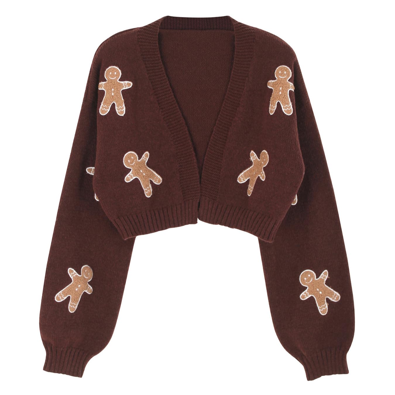 Cute Gingerbread Pattern Knit Cardigan for Women Brown Open Front Sweater Long Sleeve Soft Casual Outerwear