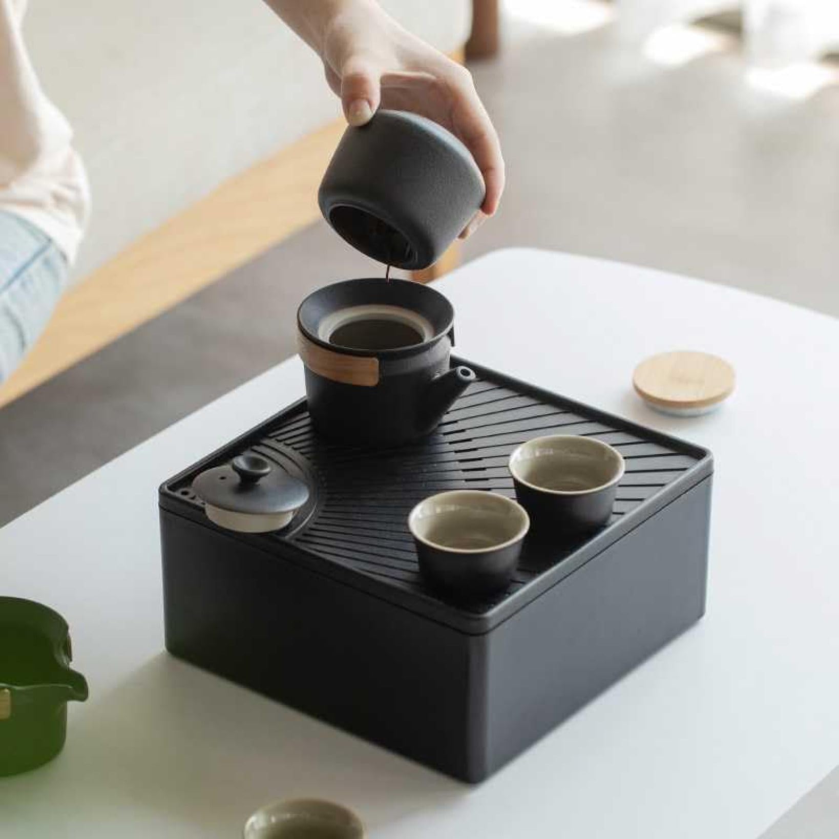 Amazon.co.jp: 携帯用茶器セット 茶盤茶巾付き 茶芸 陶器 旅行 収納
