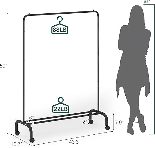 Miniatura 7 de Perchero con ruedas, perchero de 43 pulgadas, perchero móvil para colgar ropa con estante de almacenamiento, capacidad de 110 libras, 2 frenos,