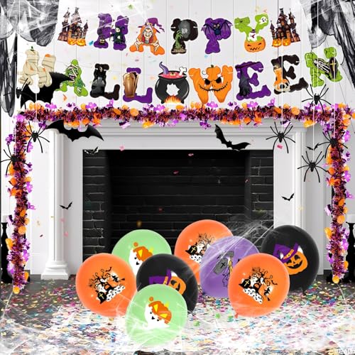 Halloween Deko Set, Horror HAPPY HALLOWEEN Dekoration Girlande, Luftballons, Tortendeko, Spinnennetz, Aufkleber, Fledermaus, Kürbisse, für Innen Gruselige Pary