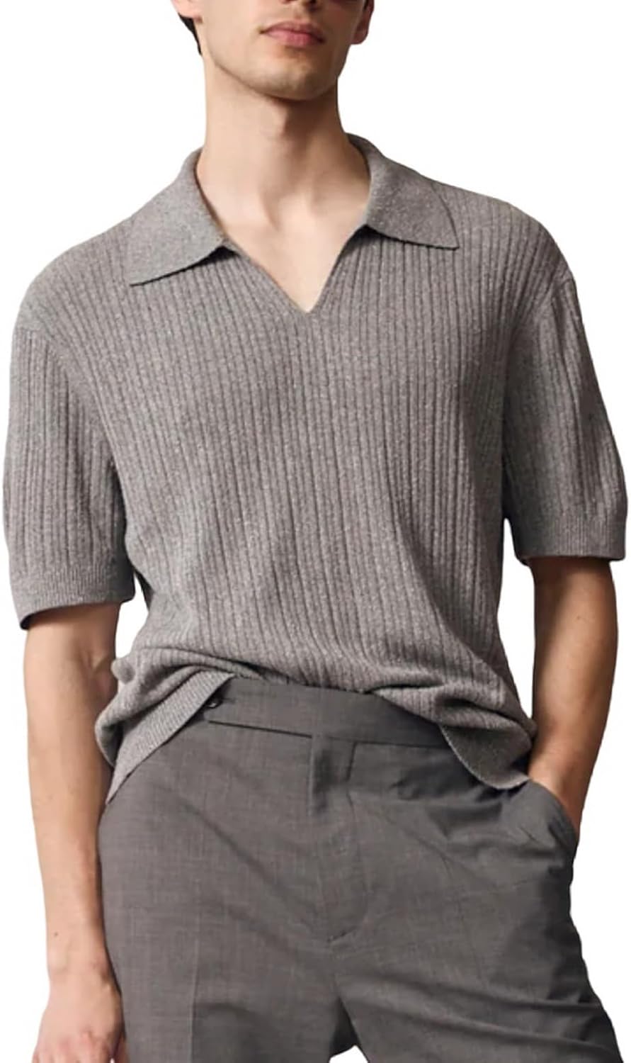 Mens Ribbed Knit Polo Shirts V Neck Short Sleeve Vintage Sweater Polo Summer Casual Shirts Golf Pullover