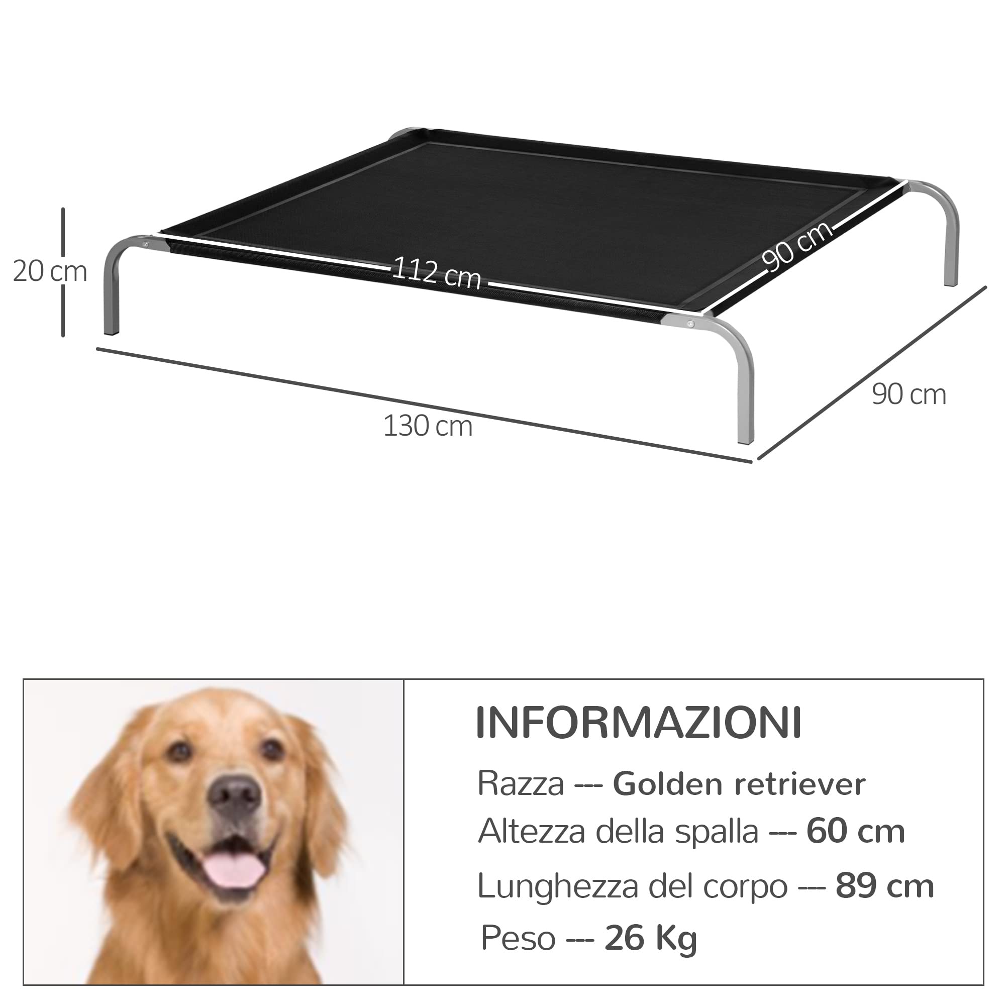 PawHut Cama Elevada para Perros Gatos Transpirable Cama para Mascotas 130x90x20 cm para Dormir Relajar con Marco de Acero para Interior Exterior Negro