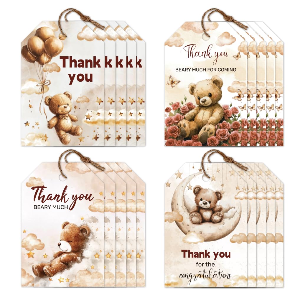 CHGCRAFT 120 Pcs 4 Styles Teddy Bear Gift Tags Thank You Paper Gift Tags with 30M String Love Hear Present Labels for Gift Wrapping Valentine's Day Party and Celebrations Decorations