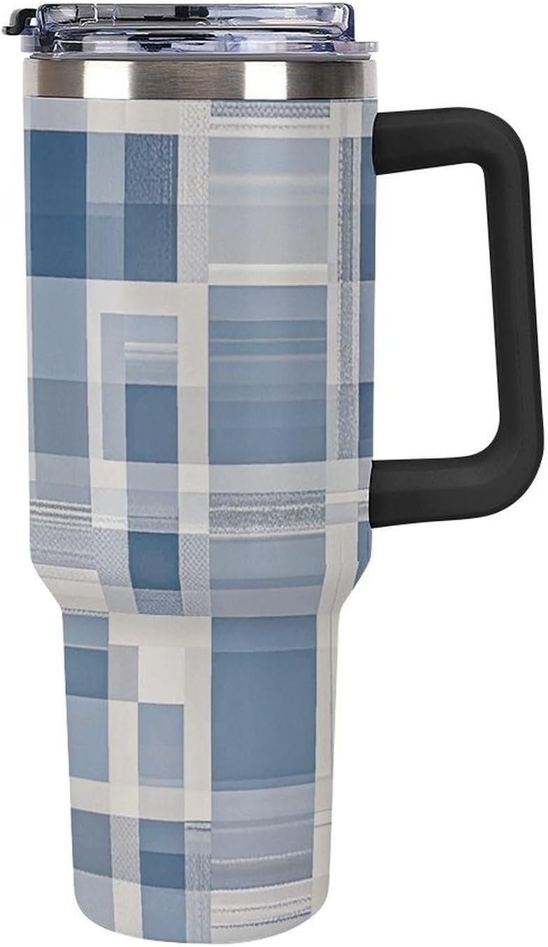 40 Oz Stainless Steel Tumbler with Straw - Leakproof Lid | BPA-Free | Cup Holder Friendly, White Chequered Lattice Coffee Cup Vacuum Insulated Travel Mug for Hot & Cold Drinks