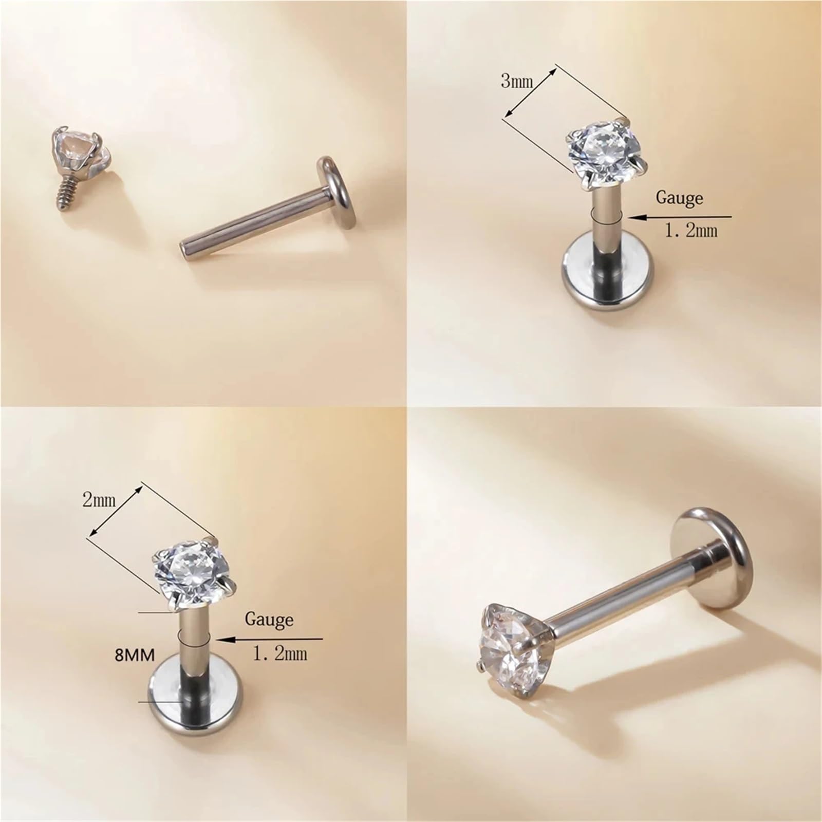 10 Uds./50 Uds. G23 Ttianium Labret oreja labio Stud joyería piedra cuadrada cartílago Tragus pendiente lengua pernos roscado joyería del cuerpo
