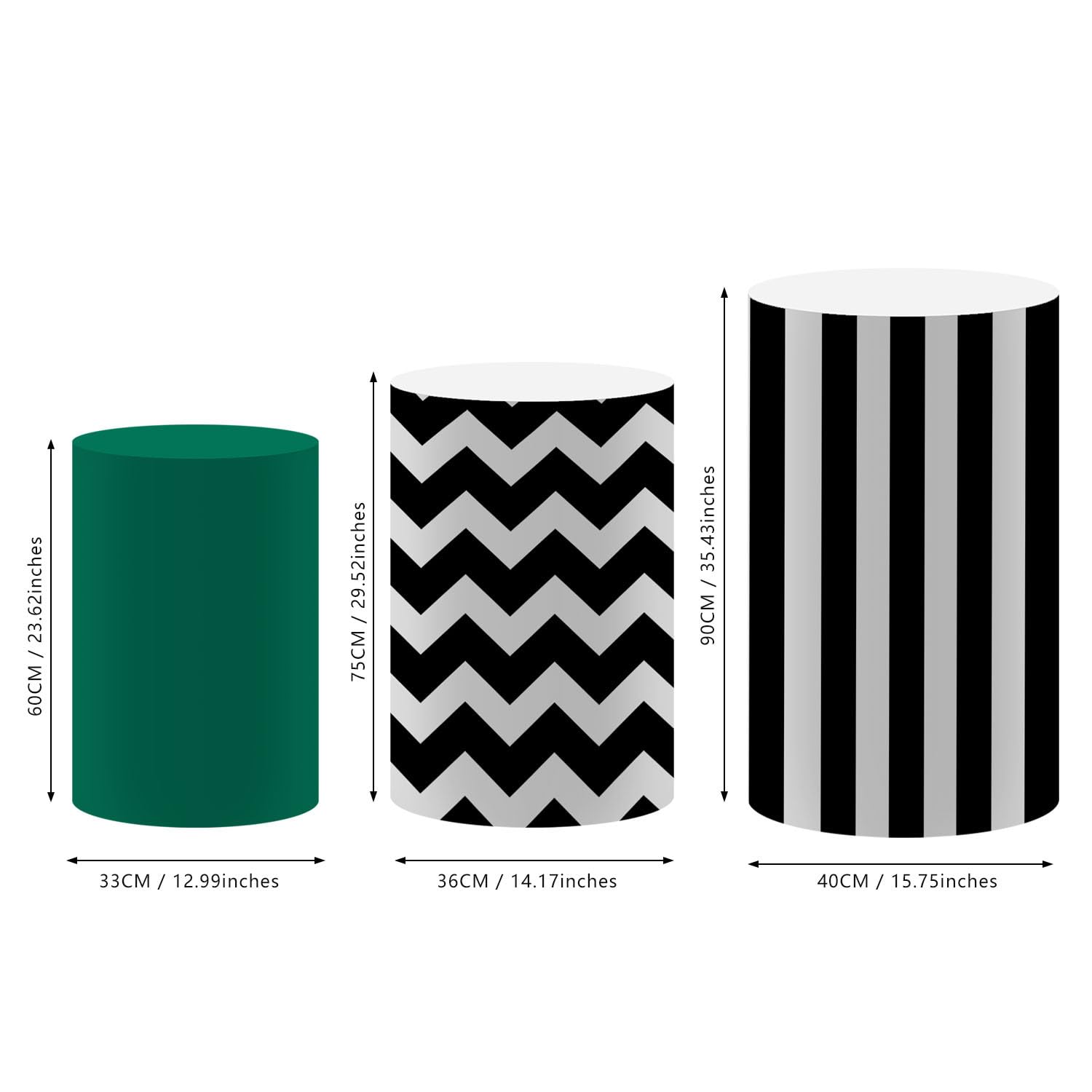 NIVIUS PHOTO Sports Football Theme Cylinder Display Pedestal Covers, Black and White Chevron, Striped and Green, Set of 3 (TZ069,Large-Set of 3)