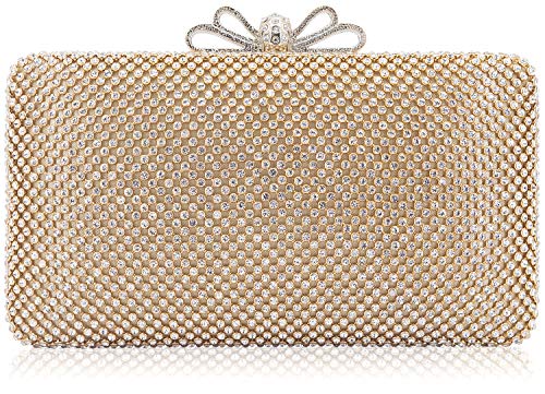 Dexmay Rhinestone Crystal Clutch Purse with Bow Clasp Evening Bag for Wedding Party Gold