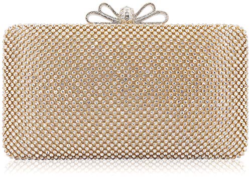 Dexmay Bling Rhinestone Crystal Clutch Purse Bow Clasp Women Evening Bag for Bridesmaid Wedding Party Gold