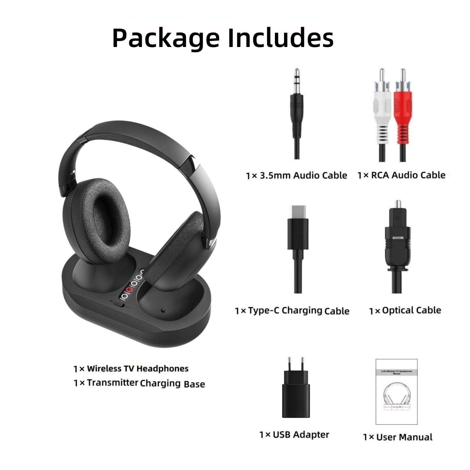 Cuffie TV Senza Fili per Anziani con Dock Trasmettitore, 2.4G RF & Bluetooth 5.3 Compatibili con Tutti i Televisori, Nessun Ritardo Audio, 50 Ore Autonomia, Plug and Play, Regalo per Genitori Anziani