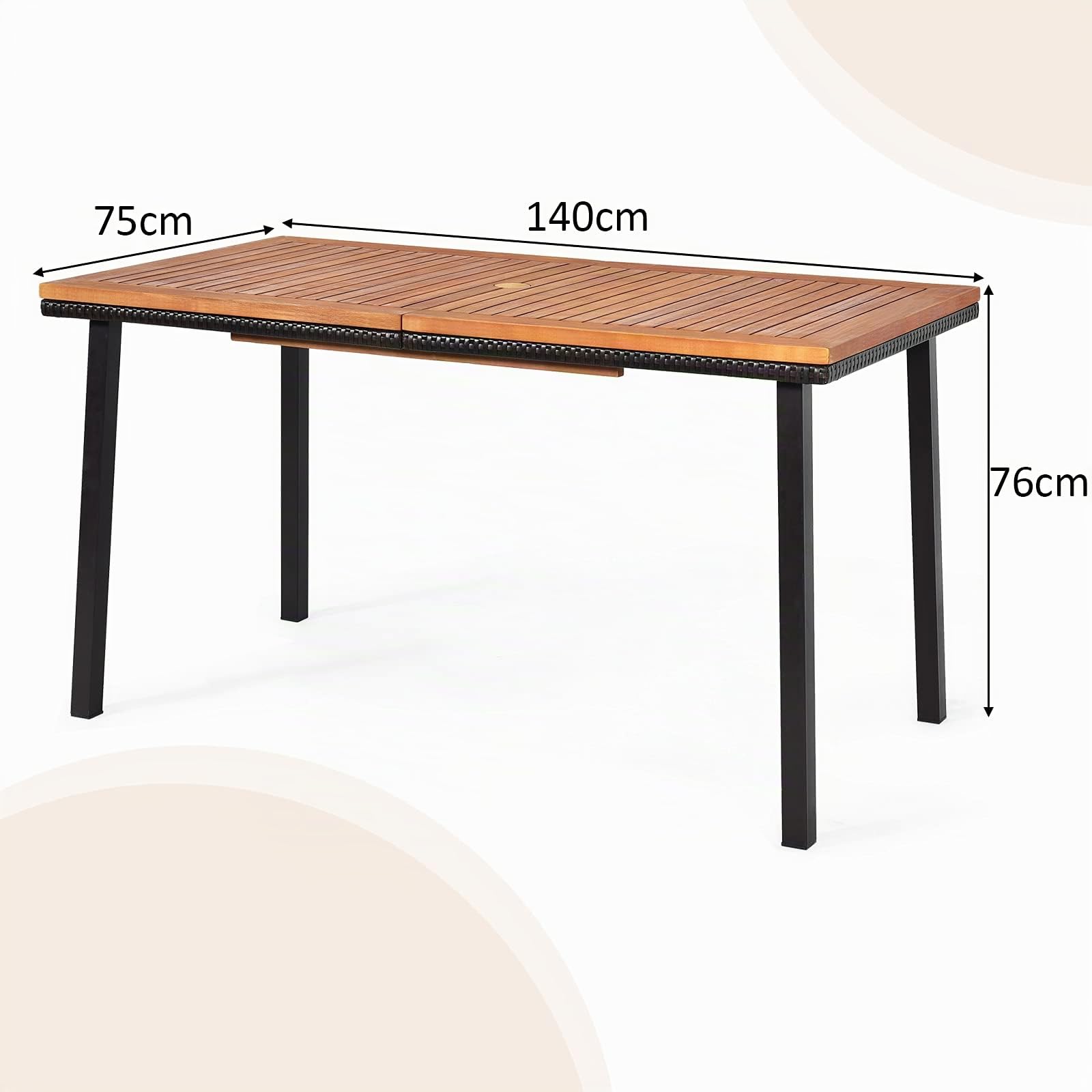 COSTWAY Tavolo da Giardino in Legno di Acacia, Tavolo Rettangolare con Struttura in Acciaio e Foro per Ombrellone, Tavolo da Pranzo Giardino Ideale per Giardino Cortile Balcone (140 x 75 cm)