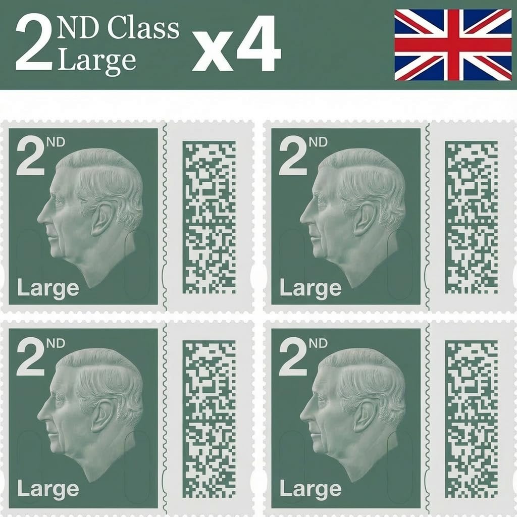2nd Class Large Letter Stamps (4 Pack) – Genuine Barcoded Self-Adhesive UK Postage – Official 2nd Class Large Postage Stamps (Total 4) | UK BEST SELLERS