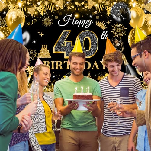 Image of Avezano Happy 40th Birthday Banner for Men Black and Gold Glitter Balloon 40 Birthday Party Backdrop 40 Year Old Bday Photo Backdrop Party Supplies 70.8 x 43.3 Inch