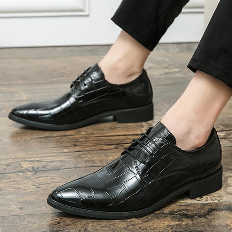 Men's Genuine Leather Oxford Shoes Men Vintage Lace Up Platform Dress Shoes Retro Pointed Chunky Heel Non-Slip Business Derby Shoes(Black,6.5)2