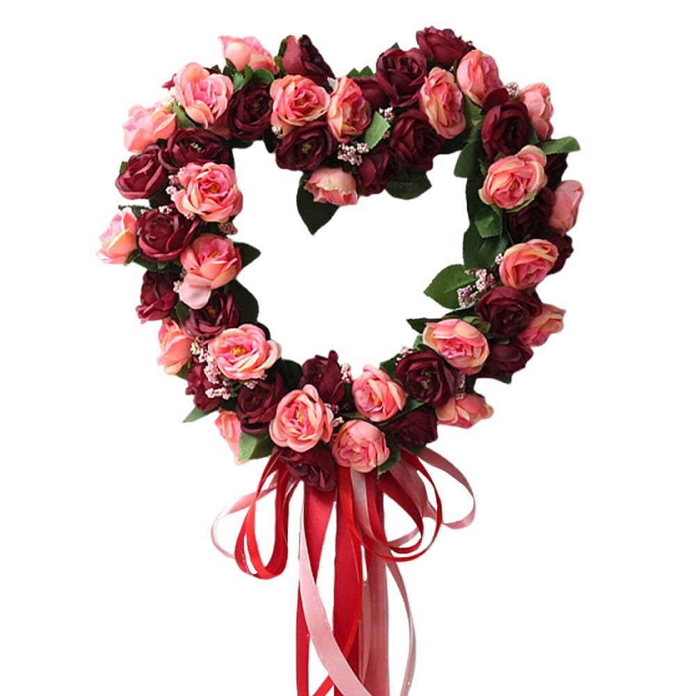 JOYWU Heart Shaped Rose Wreath,35cm Valentine’s Day Floral Wreath with Ribbons,Artificial Rose Flowers Wreath,Heart-Shaped Wreath for Front Door,Valentine’s Day Wedding Decoration (Red-1)