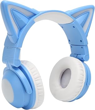 PUSOKEI RGB Cat Ear Headphone, Stereo Cute Gaming Bluetooth Headphones with 3.5mm Cable, Over Ear Cat Adjustable LED Light Foldable Music Headset for Adult Kids Game Music