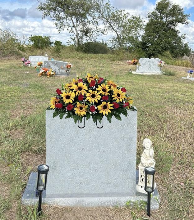 Artificial Sunflower Rose Cemetery Flowers - Realistic - Outdoor Grave Decorations Arrangement Saddle for Headstone,Outdoor Tombstone Memorial Decorations, Easy Fit (Red Yellow) image 5