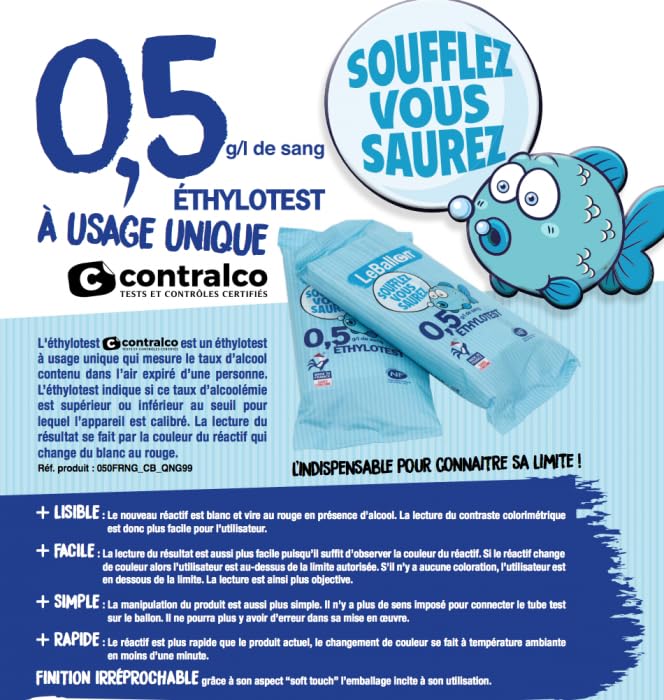 Ethylotest jetable LeBallon CONTRALCO - Test Alcoolémie Voiture 0,5 g/l sans Chrome et à Usage Unique, Rapide et Efficace [ Ethylotest homologué NF ] (x50)
