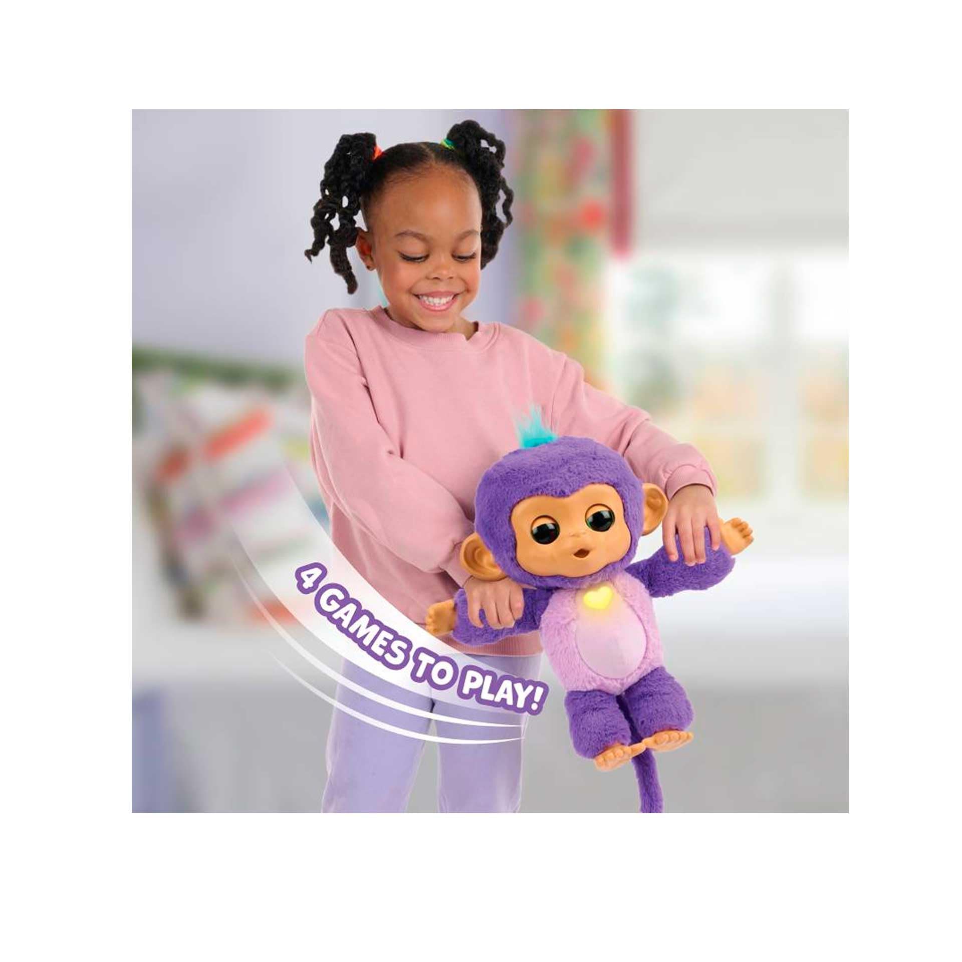 Fingerlings Cuida Y Mima, Mono interactivo de peluche de color morado, suave y blandito con +150 sonidos y interacciones,reacciona al tacto,con juegos y luz para dormir,niños +4 años, Bizak (61853192)