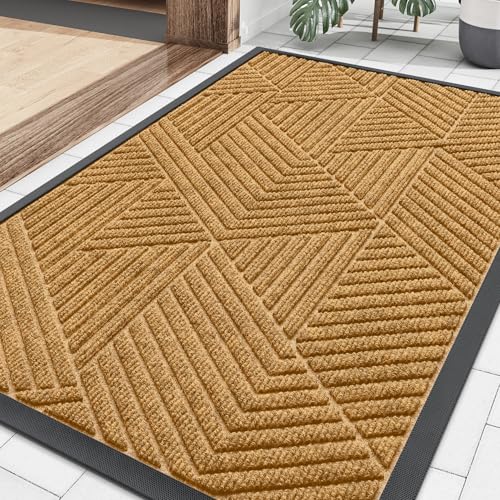 Image of Smiry Front Door Mat Outside Entrance, Heavy Duty Sturdy Natural Rubber Doormat, Trap Dirt and Moisture, Easy Clean Low Profile Mats for Indoor Outdoor Entry, Irregular Triangle (29.5x17, CRM-Yellow)