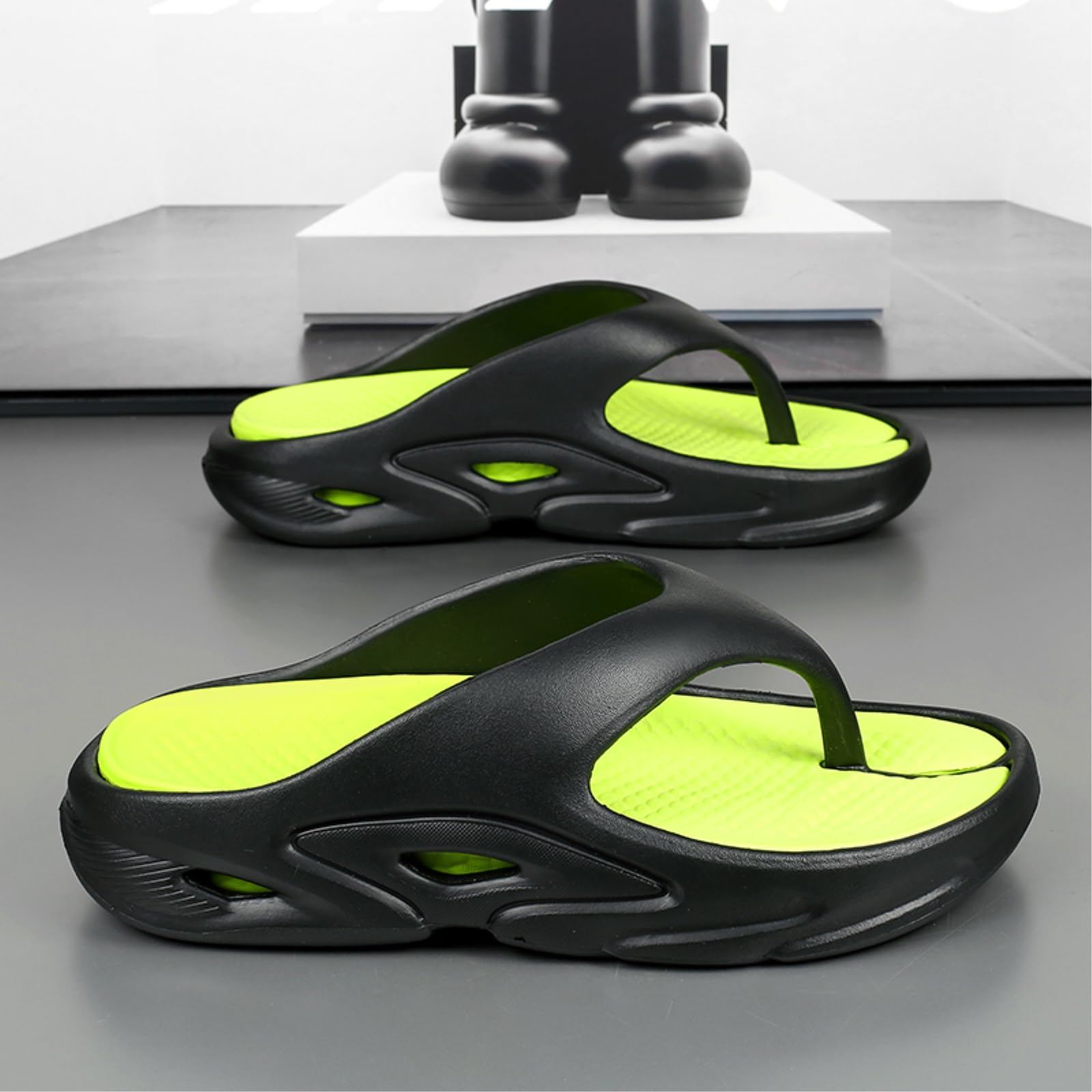 Sandalias Hombres Negro Neón Verde Hueco Plataforma Chanclas, Deporte Corte Antideslizante Eva Tanga Sandalias, Luz Acolchada Rápida Seca Playa De Verano-Black Orange-36-37