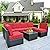 MCombo Patio Furniture Sectional 7 Pieces Wicker Sofa Set Outdoor Seating Couch Black Rattan Conversation Chair with Tea Coffee Table and Cushions Clips 6085 (Red)