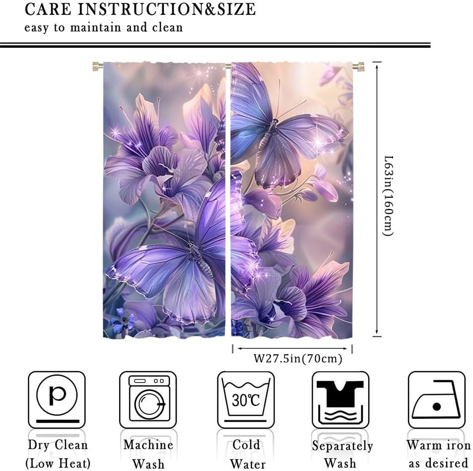 Brebasf Purple Floral Butterflies Blackout Curtain Watercolor Rustic Spring Purple Flowers Fly Butterfly Rod Pocket Window Thermal Insulating Decor for Bedroom Curtains 2 Panels 63" L x 27.5" W