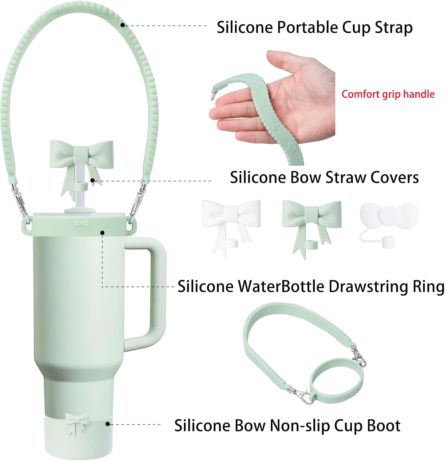 Stanley Cup Silicone Bow Accessories Set Including Water Bottle Handle Strap,Reusable Cute Straw Covers Toppers and Boot,Tea Strainer,Compatible with Stanley 40oz & 30oz Tumbler - Image 2