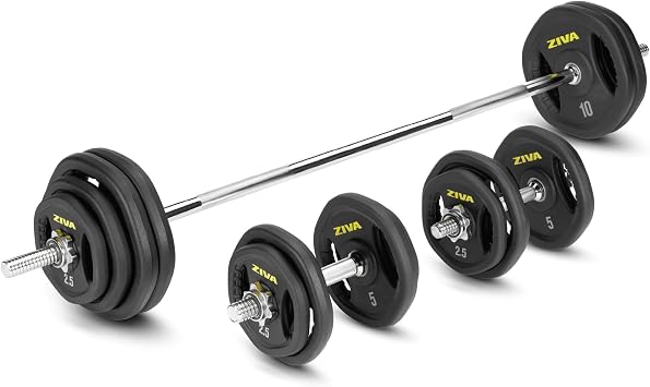 ZIVA 110lb Studio Weight Set - Adjustable Home Gym Kit with 16 Standard Rubber Urethane Plates, 5 Slim Chrome Bar 1.18" diam., 2 Chrome Dumbbell Handles & 6 Spinlock Collars