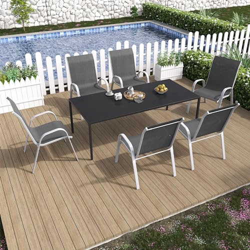 Amopatio Patio Chairs Set of 6, Stackable Outdoor Dining Chairs for All Weather, Silver Frame Outdoor Chair Garden Furniture for Backyard Deck(Dark Grey)