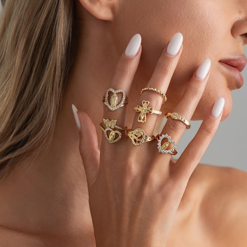 Vintage Gold Virgin Mary Cross Rings Set for Women,Chunky Stackable Boho Knuckle Rings Pack Retro Jewelry Accessories