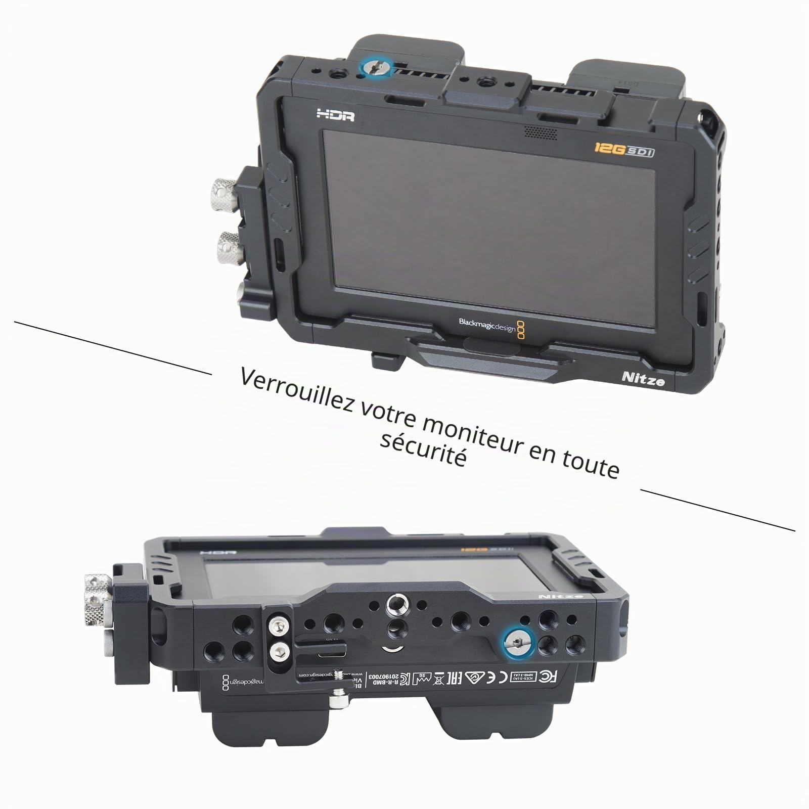 Nitze Cage Kit for Blackmagic Video Assist 5" 12G / 3G with Sunhood, HDMI and USB-C Cable Clamps - JT-B01B