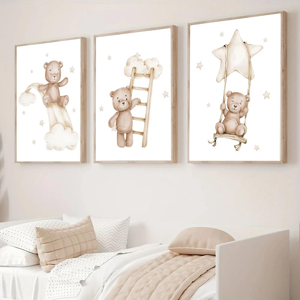 BeiYiHo 3 Affiche Chambre Bébé Beige Deco Ourson Chambre Bebe Tableau Decoration Murale Chambre Garcon 30x40 Poster Ours Chambre Enfant Garcon Cadeau SANS CADRE