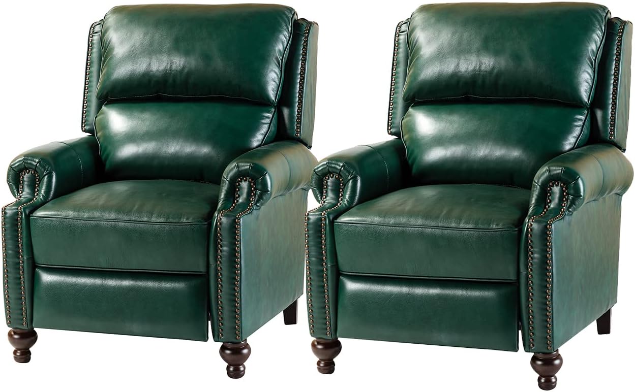 HULALA HOME Genuine Leather Wingback Recliner Chairs Set of 2 with Thick Cushioned Seat, Traditional Push Back Leather Recliner with Nailhead Trim, Green