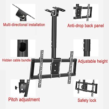 Ceiling TV Mount Stand - Tv Wall Mount,Height Adjustment TV Stand,Fits Most 39-90 Inch TV,5 To -25° Pitch Angle Adjustment,With Cable Management,Bearing 85kg,Easy Installation,Can Rotate 360°