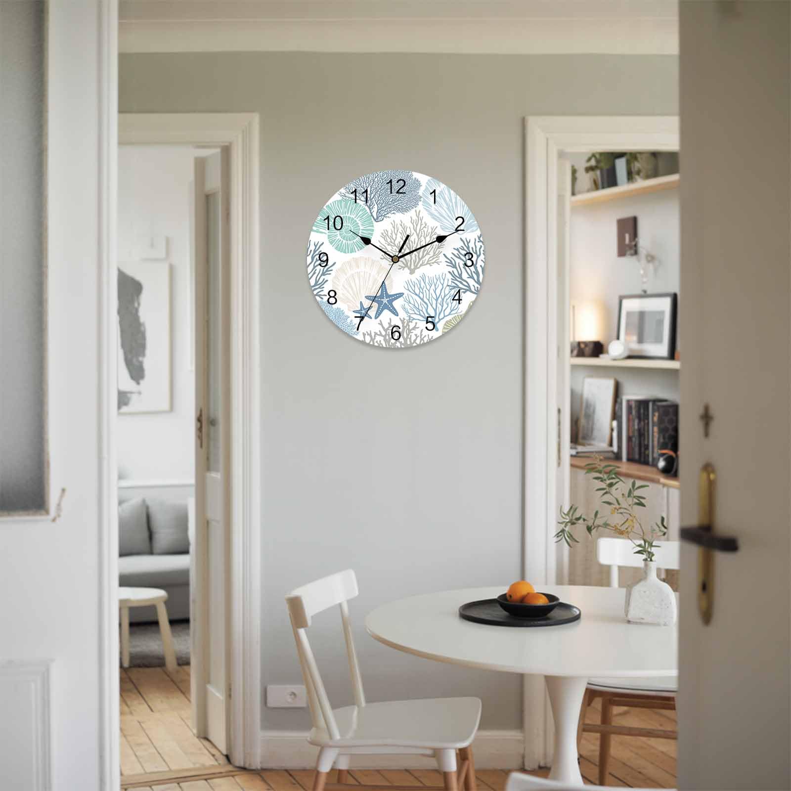 Orologio da parete in PVC con oceano costiero e corallo, silenzioso, senza ticchettio, funzionamento a batteria, orologio rotondo per casa, soggiorno, ufficio, cucina, camera da letto, bagno,