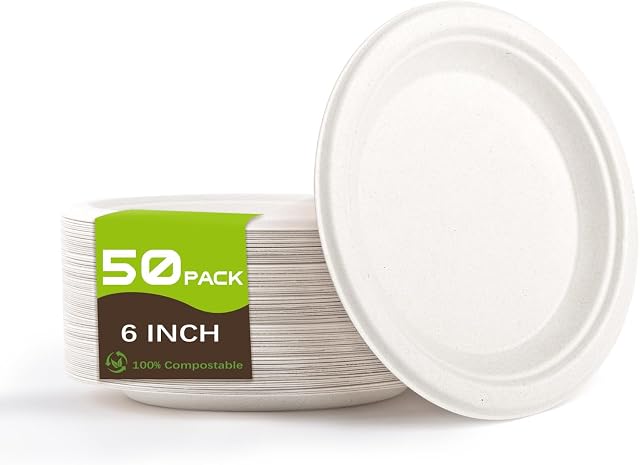 Piatti Carta 50Pcs, Piatti Usa e Getta Biodegradabile e Compostabile | Yidaxing Posate Usa e Getta,Piatti di Carta per Compleanno Feste Campeggio Barbecue Picnic(Bianco, 15.2 cm)