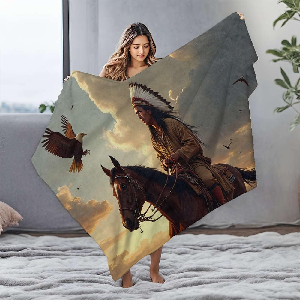 BDIS Towel Warmer Native American Warrior On Horseback at Sunset Flannel Blanket Personalized Baby Blanket Waterproof Blanket(125x150cm)