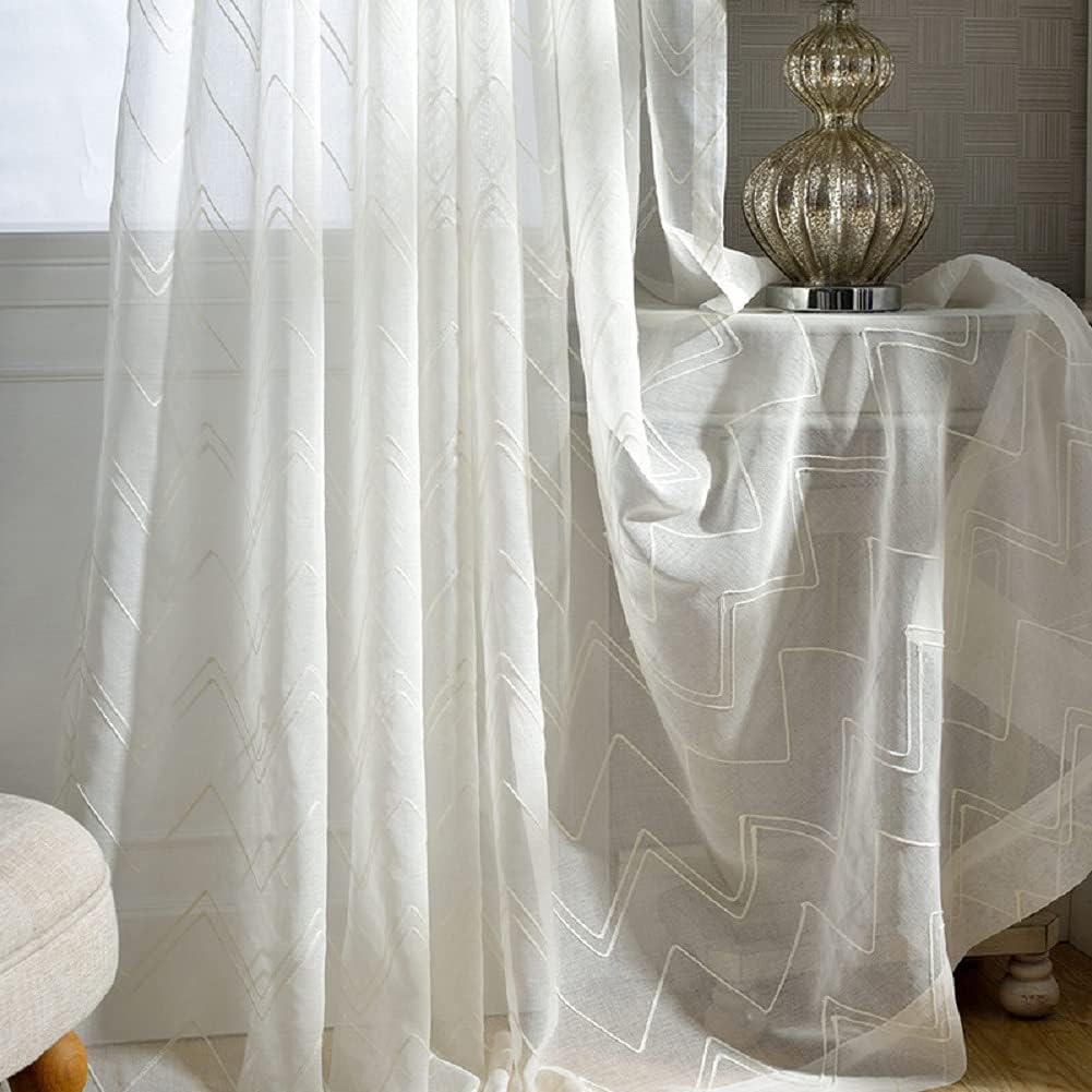Transparent Sheer Curtains Window Treatments Simple Geometric Wave Embroidery Rod Pocket Top Style for Living Room Bedroom(1 Panel, W 52 x L 90 inch, White Wave)