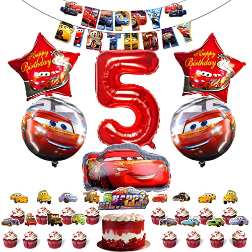 Decoration Anniversaire Cars 5 ans,5 Ballons en Aluminium de Voiture+1 Bannière de Joyeux Anniversaire+13 Décoration de Gâteau de Voitures,Ballons Kit Thème de Voiture Cover